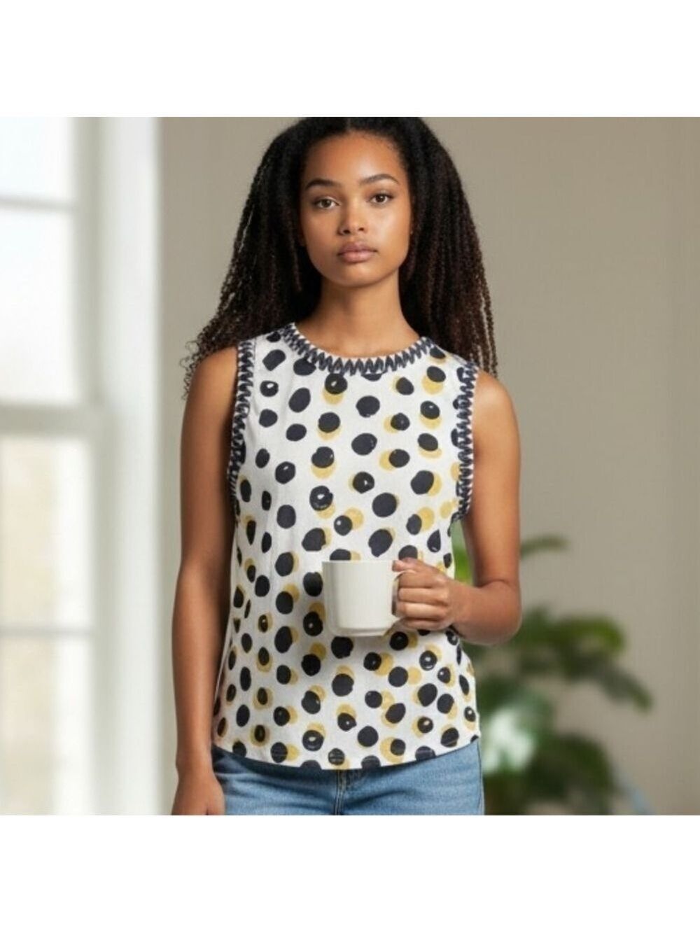 NwT Fred David White Tank Top with Black and Yellow Polka Dots